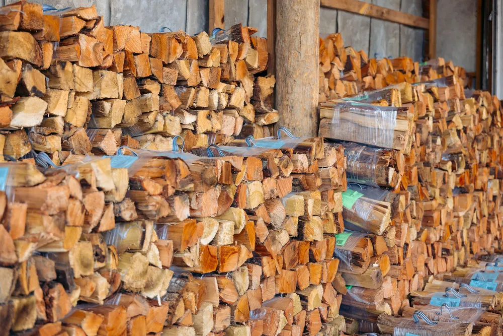 Shrink-wrapped bundles of kiln-dried firewood stacked under the shed at the Newland facility